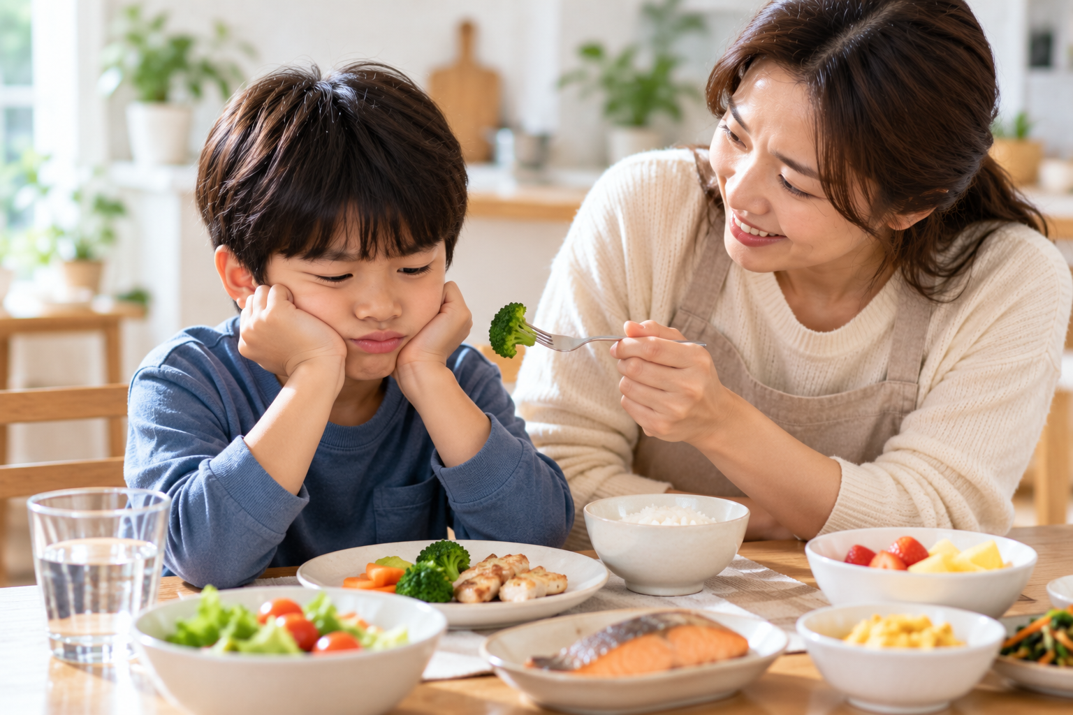 밥을 잘 먹지 않는 남자아이에게 식사를 권하며 걱정하는 엄마의 모습