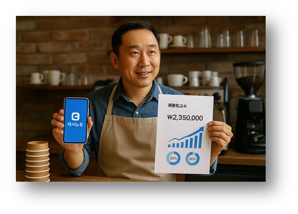 캐시노트 앱을 사용하면서 매출보고서를 활용하고 있는 카페 사장님의 밝은 모습