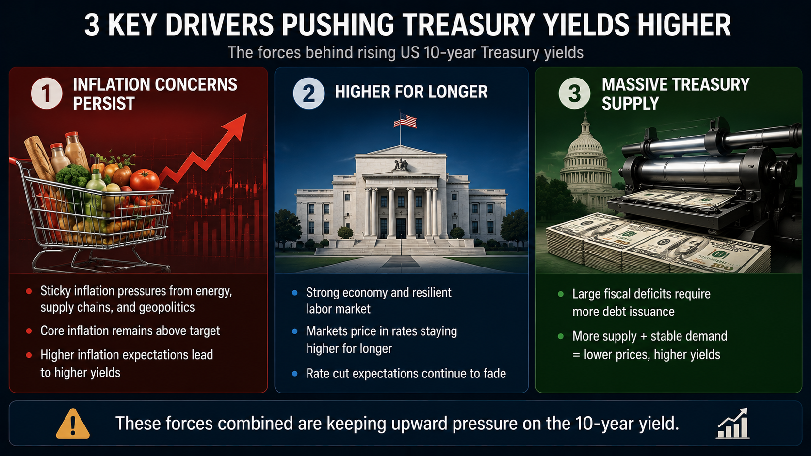 Three key drivers behind rising US Treasury yields including inflation, higher interest rates, and Treasury supply growth