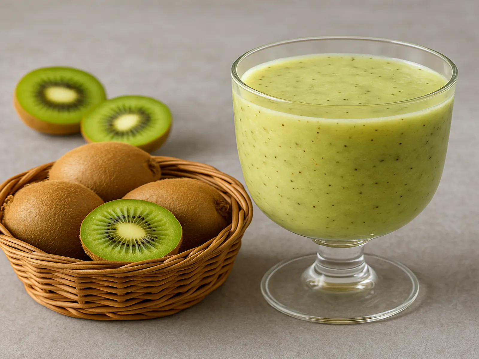 뉴질랜드 키위 바구니와 잔에 담긴 어린이용 면역력 강화 스무디