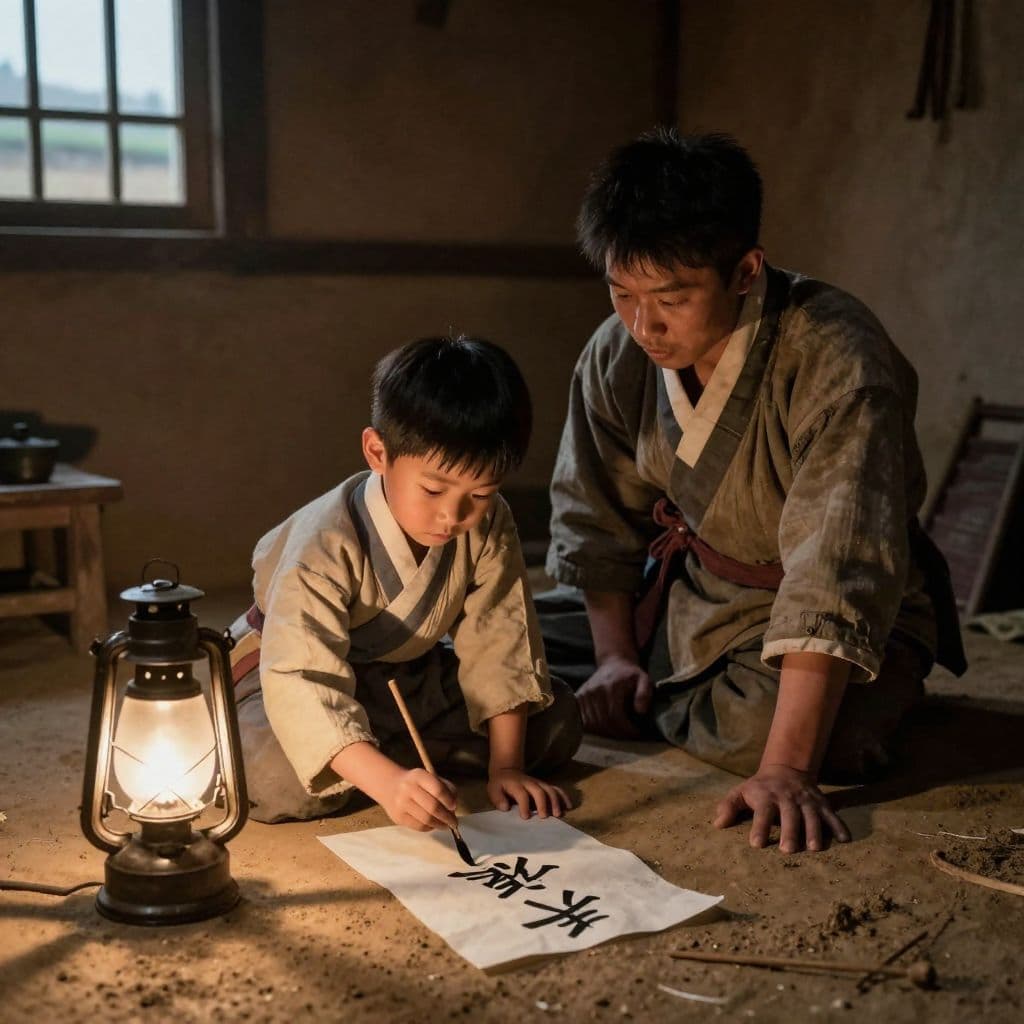 1910년대 충남 예산, 가난해서 종이도 없이 흙바닥에 막대기로 글자를 연습하는 7세 윤봉길. 호롱불 아래 아버지에게 한자를 배우며 독립의 꿈을 키우는 소년