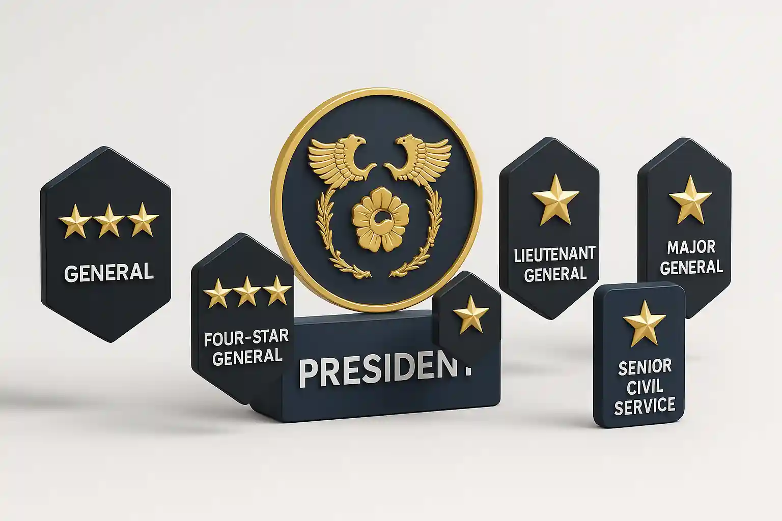 대한민국 대통령 휘장을 중심으로 5성, 4성, 중장, 소장, 고위공무원 계급장이 배치된 3D 인포그래픽