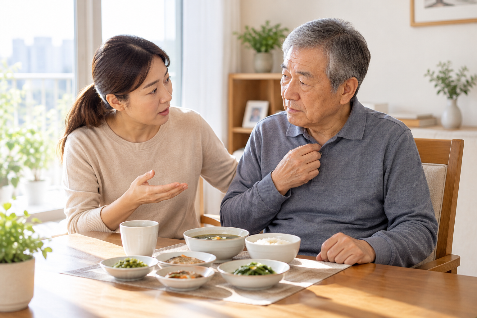 뇌졸중 환자가 식사 중 목의 불편함을 느껴 보호자와 대화하는 모습