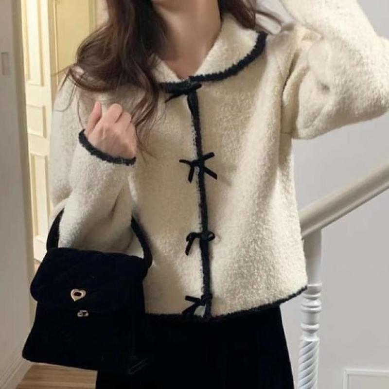 라구벨벳리본카라CD 2c 리본가디건 세라 세일러 빅카라 크롭가디건 배색 부클 리본버튼
