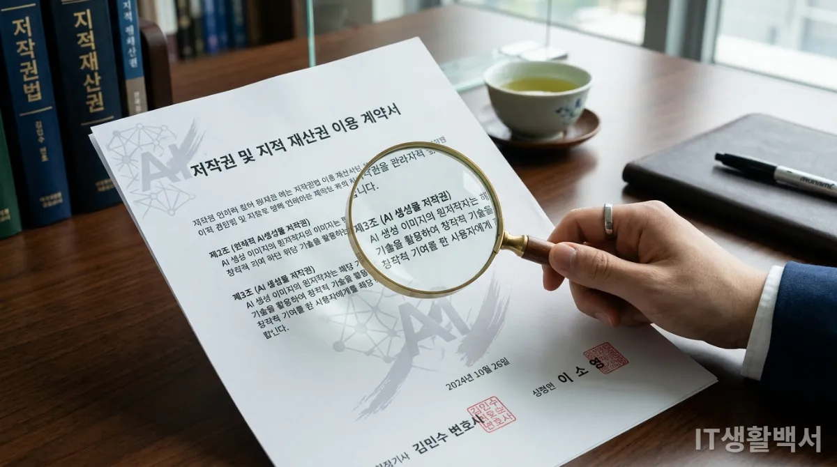 AI 이미지와 저작권 관련 법률 문서 위에 놓인 돋보기