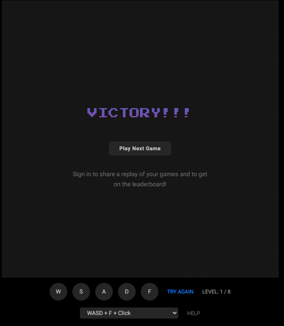 ARC-AGI-3의 LS20 레벨 클리어 후 나타나는 'VICTORY!!!' 화면