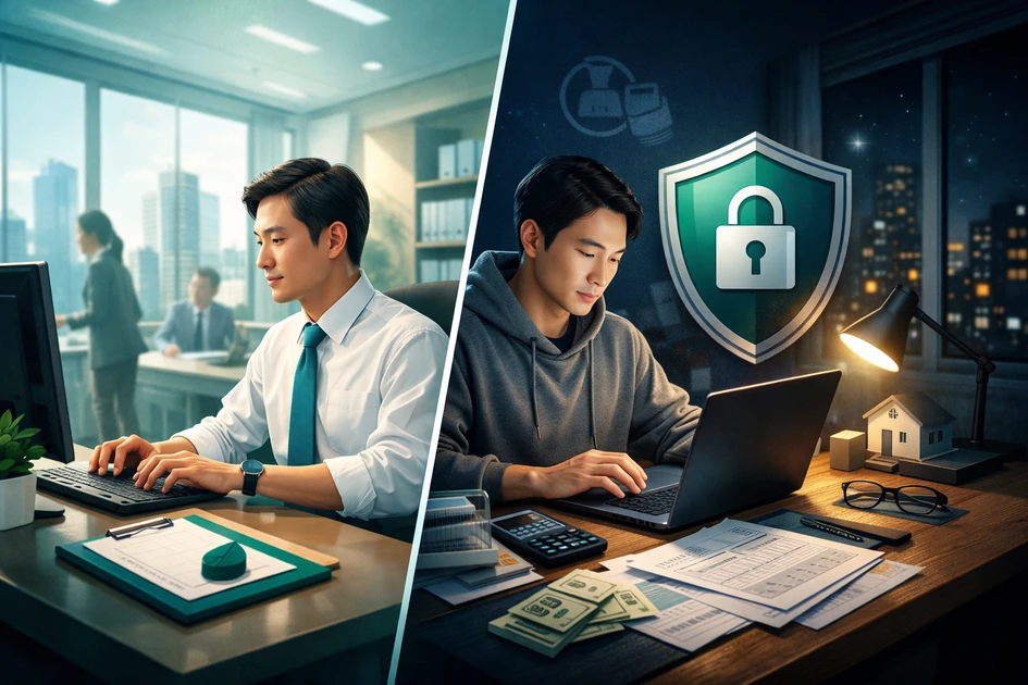 낮에는 사무실에서 근무하고 밤에는 집에서 노트북으로 부업 서류를 정리하는 직장인, 보안 방패 아이콘과 세금 서류가 함께 보이는 투잡 세팅 콘셉트 이미지