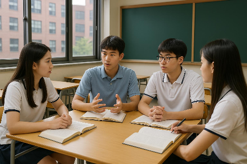 남녀 중학생이 여름캠프에 참가하여 토론하는 모습