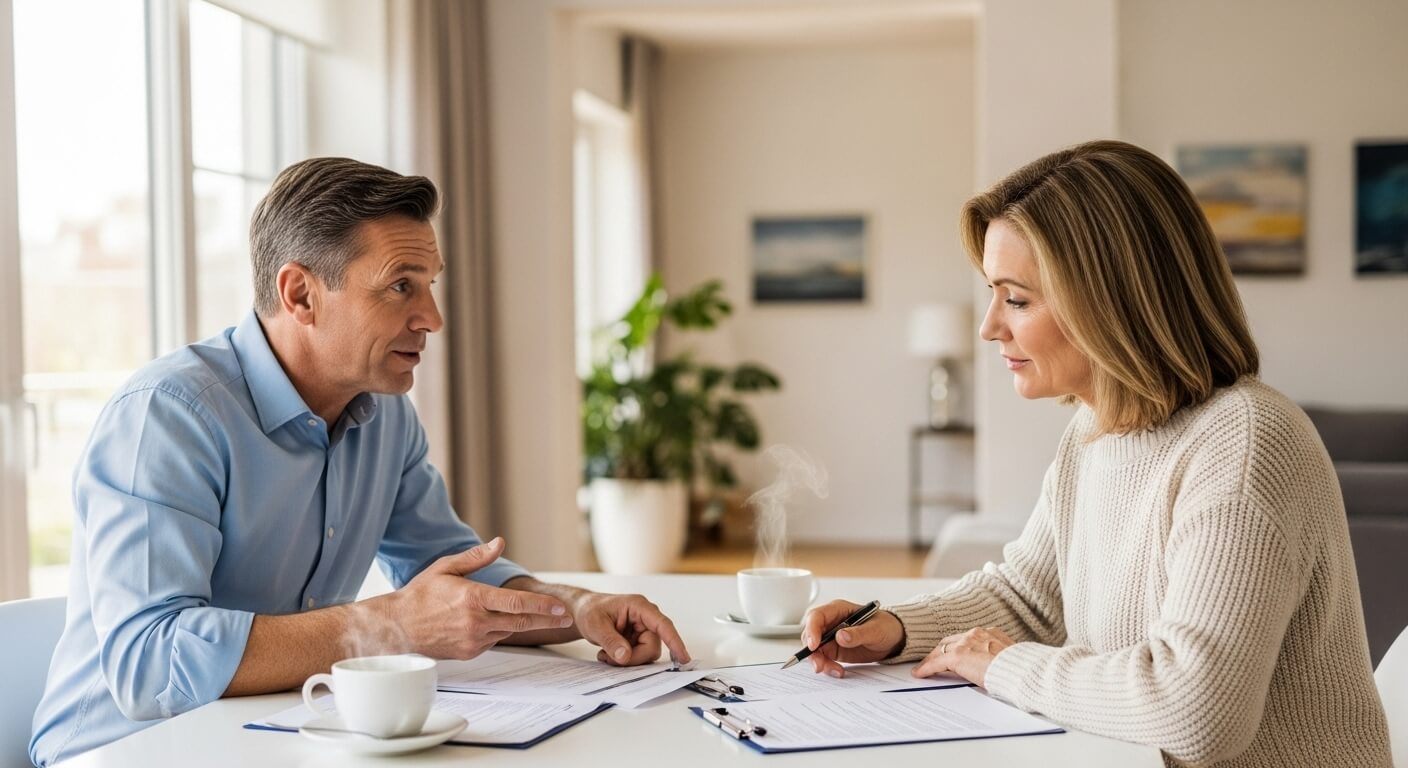 가정에서 환급 서류를 검토하는 중년 부부