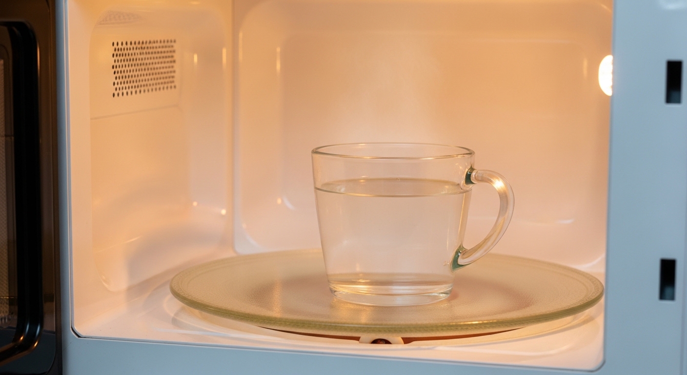 식초물과 귤껍질 수증기를 활용해 5분 만에 살균 탈취된 깨끗한 전자레인지 내부