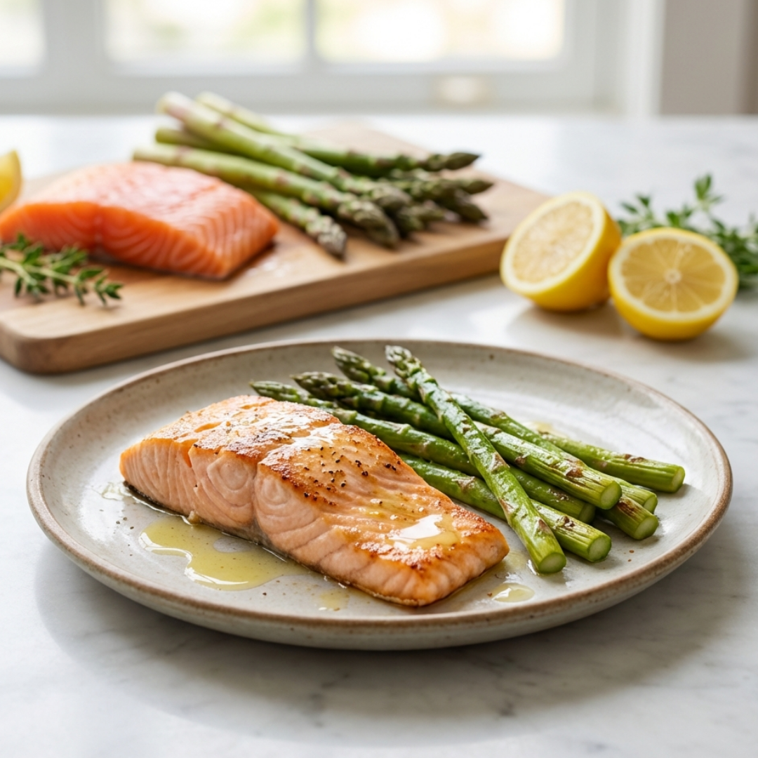 음식궁합(비타민C 채소 + 항산화 견과류)연어와 아스파라거스의 음식 궁합 — 부드러운 균형 위에 선명한 생기가 겹쳐지는 ‘정제된 균형의 식사’