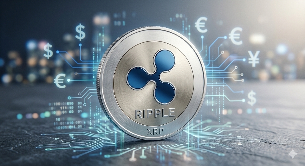 리플(XRP) 암호화폐의 로고가 선명하게 각인된 은색 메달이 미래 지향적인 디지털 회로 기판 배경 위에 놓여 있는 모습. 주변에는 달러($)와 유로(&euro;), 엔(&yen;) 등 글로벌 법정 화폐 기호와 디지털 데이터 스트림이 시각화되어 있어, 리플 분산 원장(XRPL)이 글로벌 금융 인프라에서 이종 통화 간 가교 통화(Bridge Currency) 및 국경 간 송금 결제 네트워크 역할을 수행함을 상징적으로 표현.