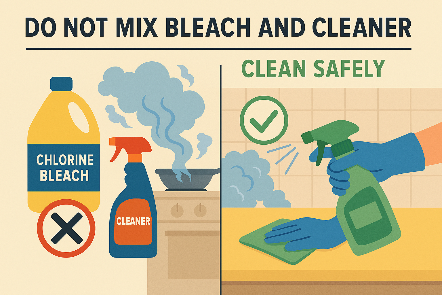 염소계 표백제와 산성 세정제를 함께 사용해 위험이 발생할 수 있는 상황 인포그래픽