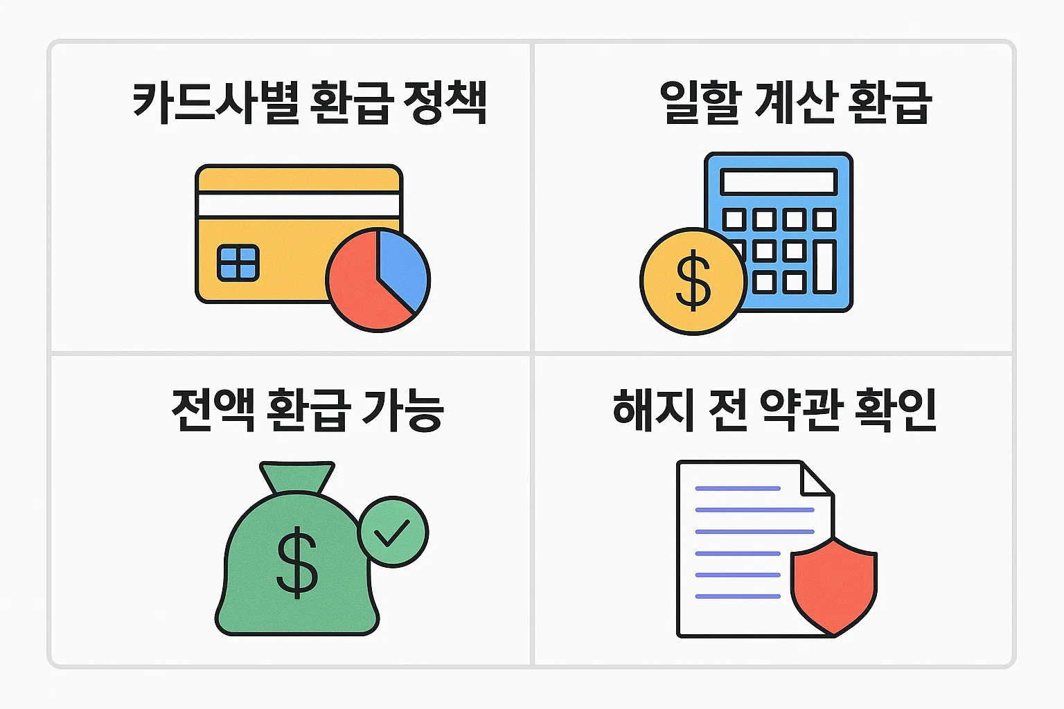 카드사별 환급 정책, 일할 계산 환급 방식, 전액 환급 가능 조건 및 해지 전 약관 확인 팁을 담은 인포그래픽