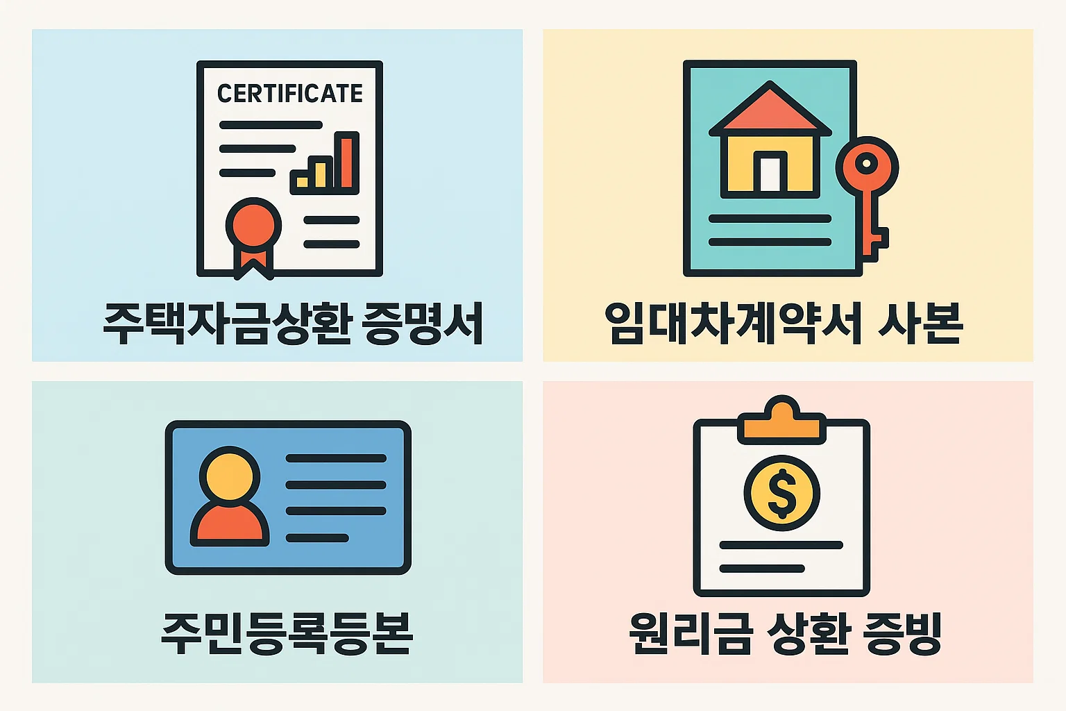 주택자금상환 증명서, 임대차계약서 사본, 주민등록등본, 원리금 상환 증빙 등 필수 서류를 정리한 안내 인포그래픽