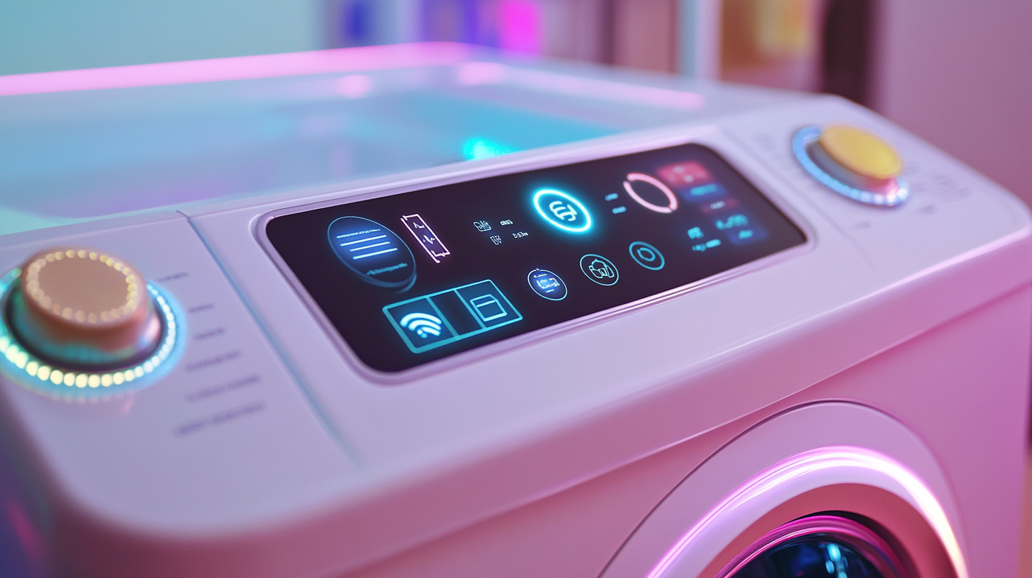 스마트 세탁기 조작부의 클로즈업 이미지로, 매끄러운 연결성과 직관적인 사용을 나타내는 상징들이 포함됨.