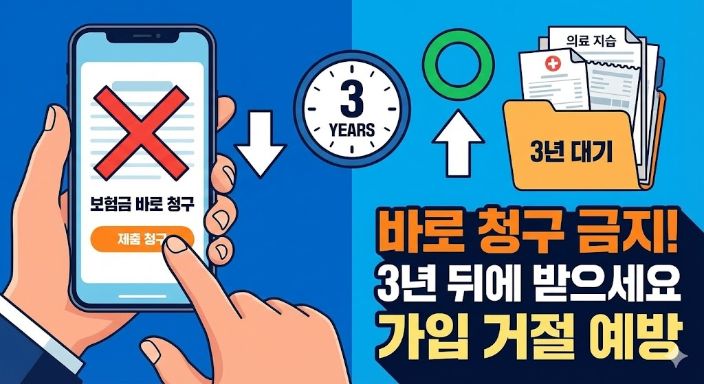 실비보험 바로 청구하지 말고 3년 뒤에 청구해야 하는 이유를 설명하는 비교 이미지
