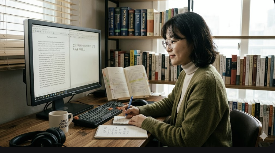 컴퓨터를 이용해서 번역일하는 여성이미지