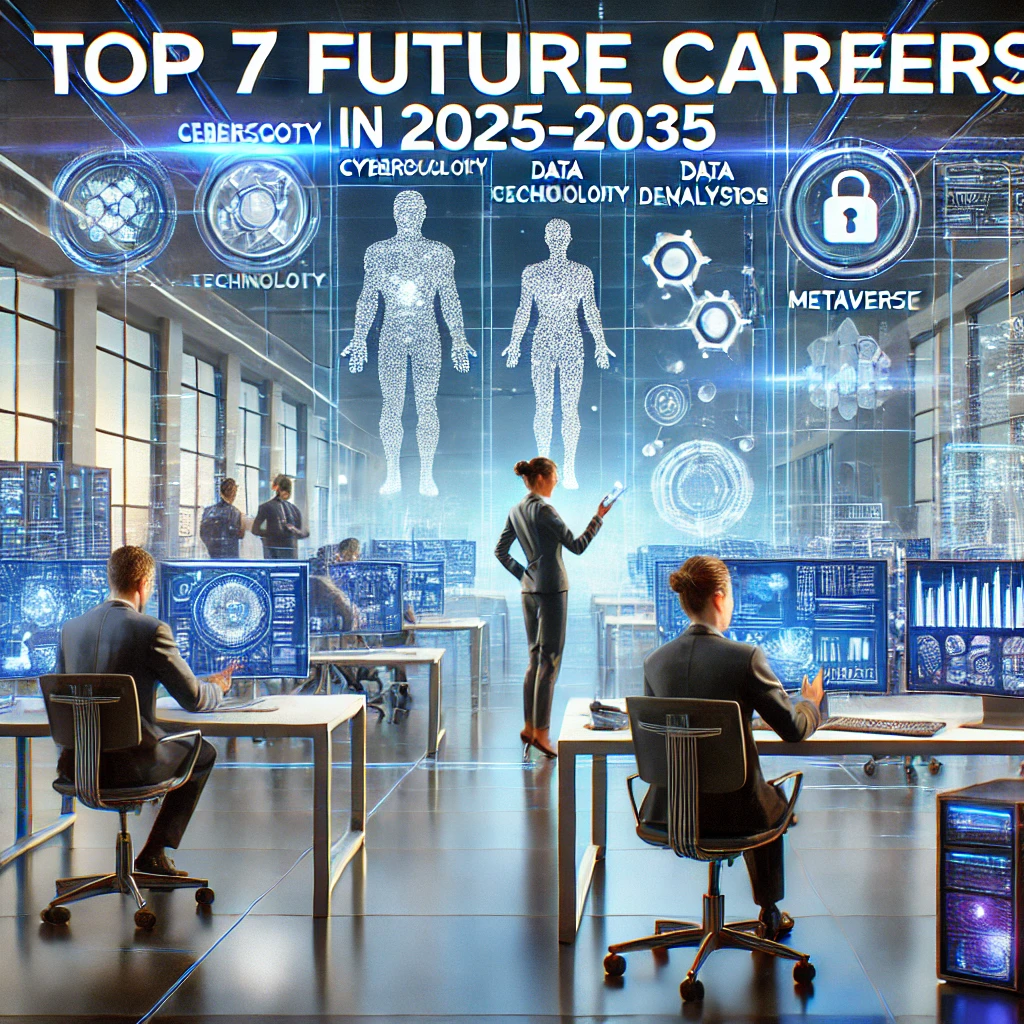 "2025-2035년 미래 유망 직업 TOP 7: AI 전문가, 사이버 보안 전문가, 데이터 분석가, 메타버스 개발자들이 첨단 기술 환경에서 일하는 모습"