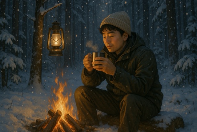 눈 내리는 날 산에서 캠핑을 즐기는 남성 모습