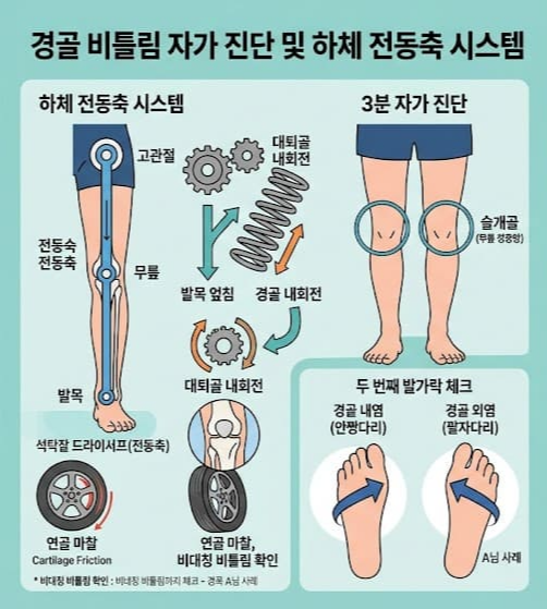 경골 비틀림(내염/외염) 자가 진단 및 폼롤러 교정 운동 루틴 인포그래픽