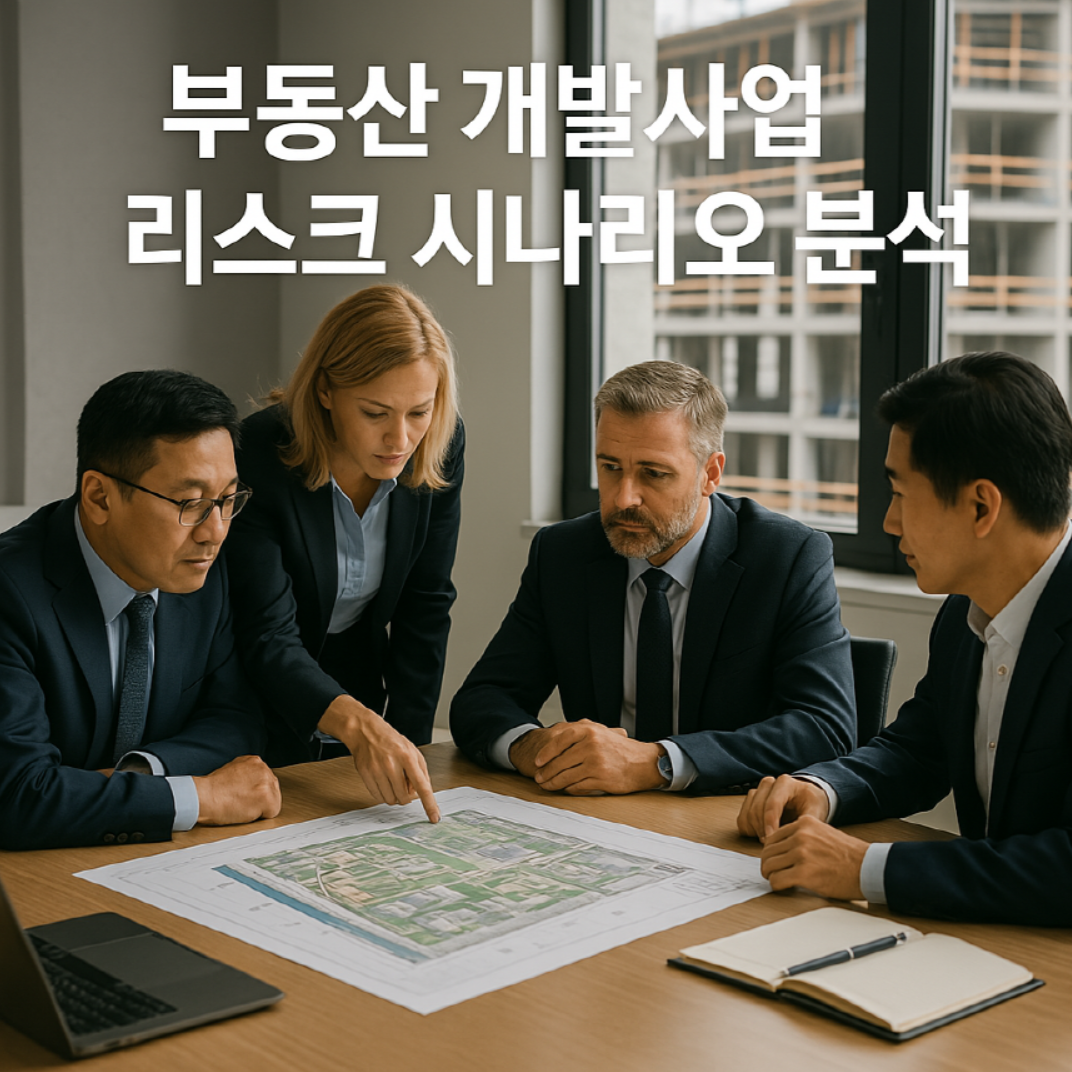 부동산 개발사업 리스크 관리 전략을 논의하는 전문가 회의 장면