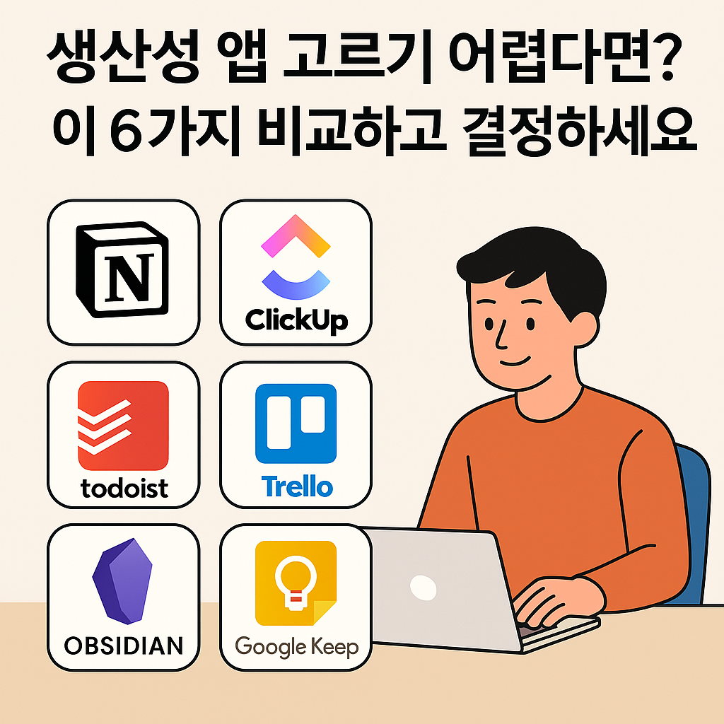 생산성 앱 비교 썸네일: Notion, Todoist, ClickUp 등 1인사업자를 위한 추천 툴