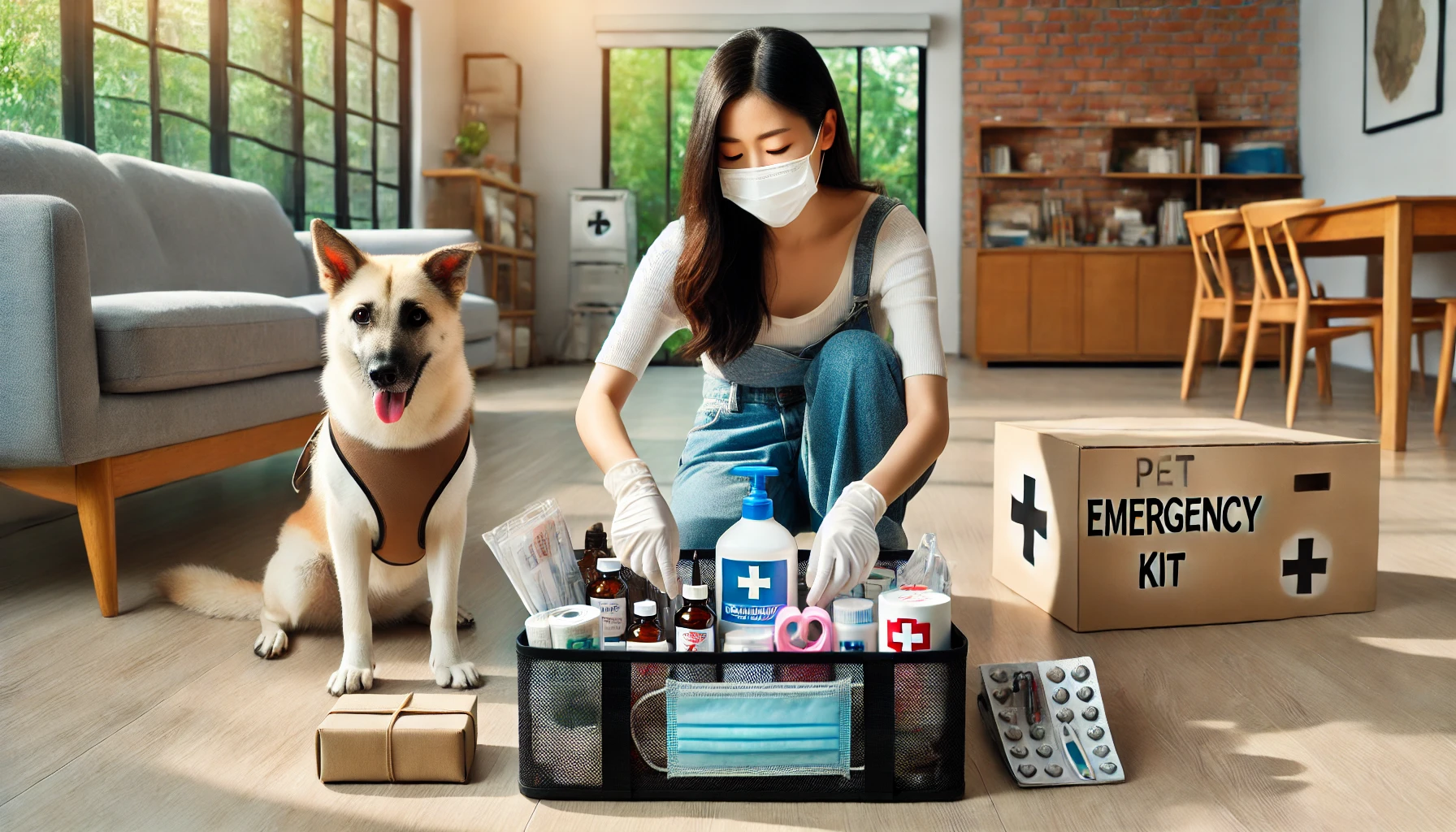 밝고 깨끗한 거실에서 여성이 반려동물 비상약품 키트를 정리하는 모습. 소독제, 체온계, 붕대, 장갑 등 응급용품이 정리된 상자가 보이고, 강아지와 고양이가 곁에서 지켜보고 있음. 햇살이 들어오는 따뜻하고 정돈된 분위기의 실내 공간.