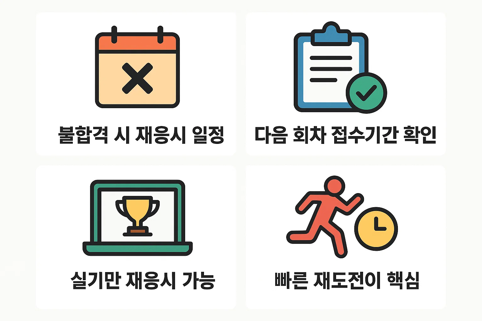 실기 불합격 후 재응시 가능 시기, 다음 회차 접수기간, 빠른 재도전 전략을 정리한 인포그래픽