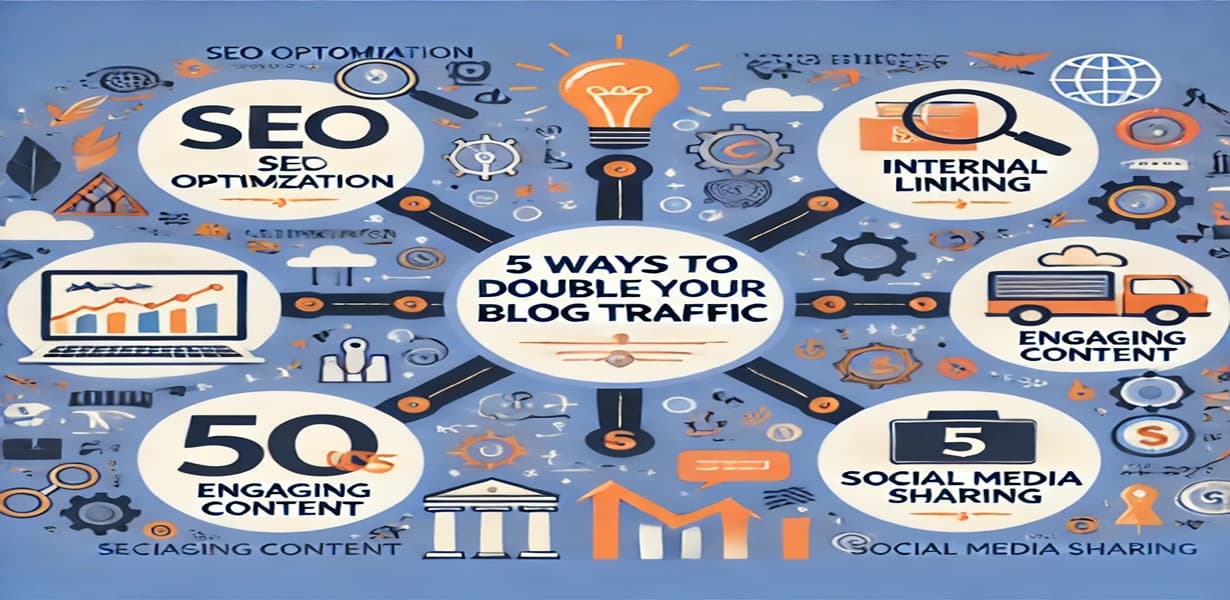 블로그 트래픽을 2배로 늘리는 다섯 가지 핵심 전략을 설명하는 시각적 인포그래픽
