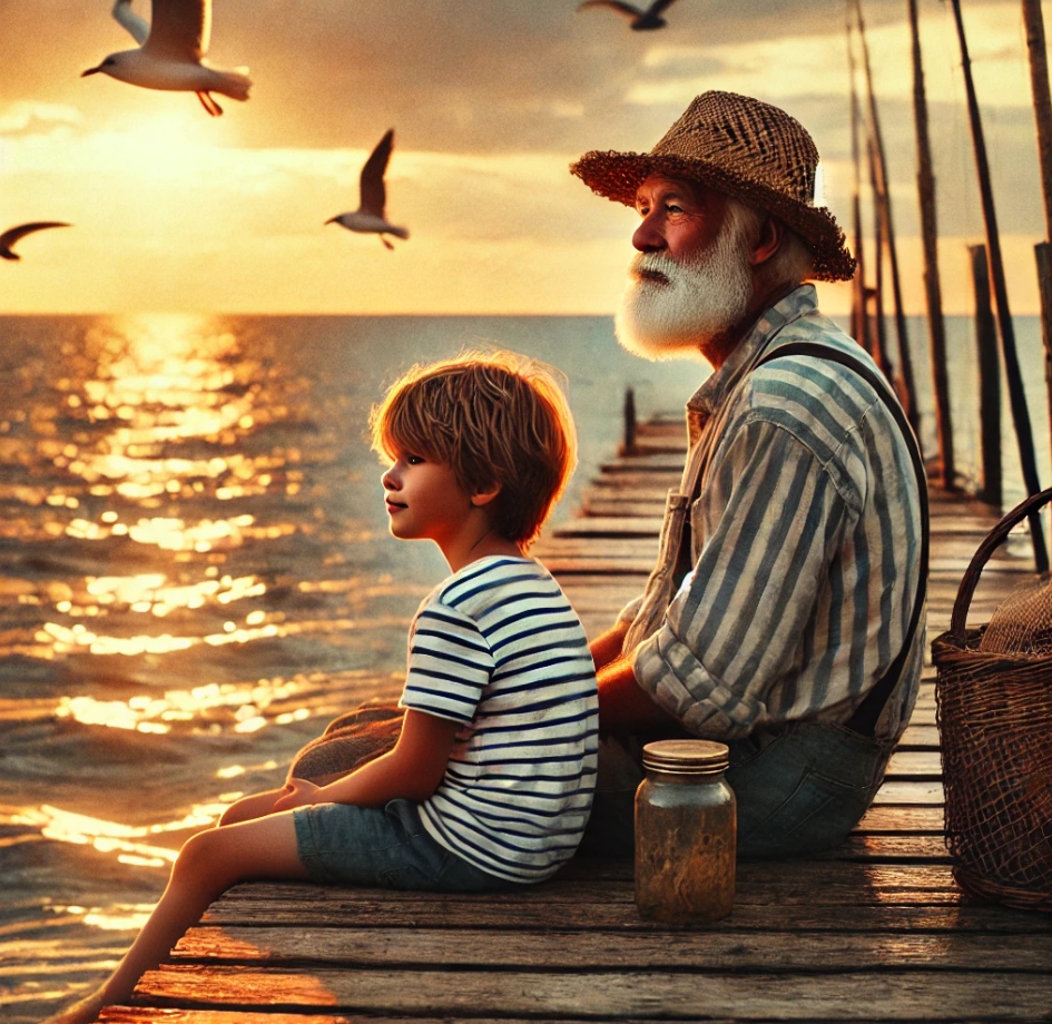 노인과 소년이 바다를 바라보고 있다