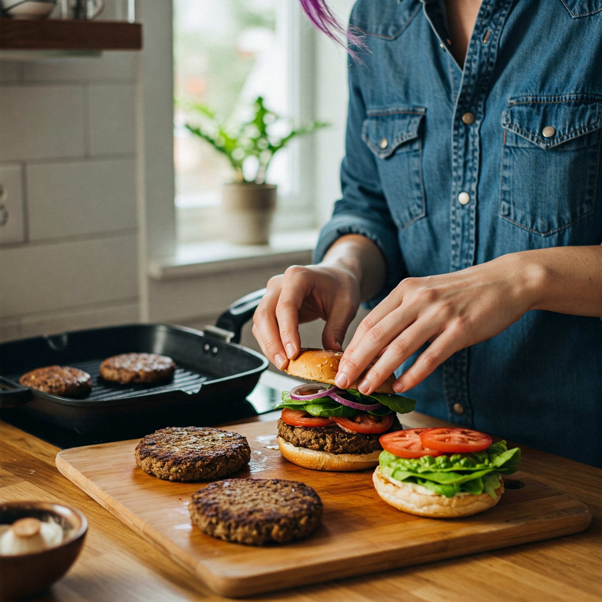 비건 햄버거 만드는 사람