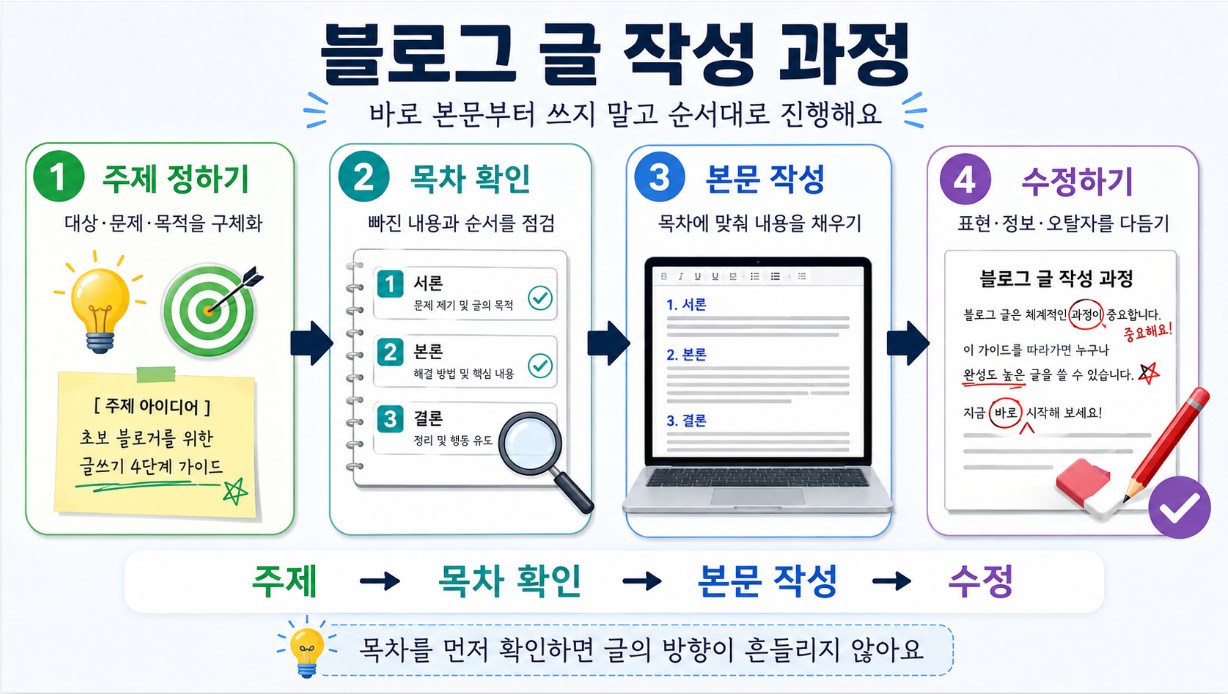 주제 → 목차 확인 → 본문 작성 → 수정 과정 이미지