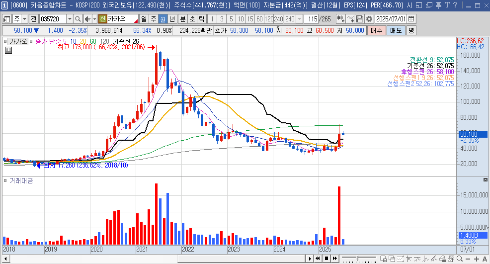 카카오 주가 월봉 차트