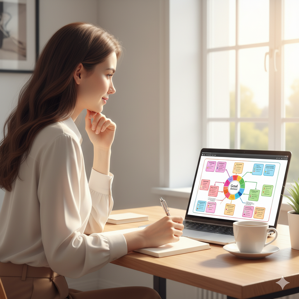 밝은 공간에서 노트북 화면 속 만다라트 차트를 보며 새해 성장 로드맵을 구상하는 지적인 20대 여성.