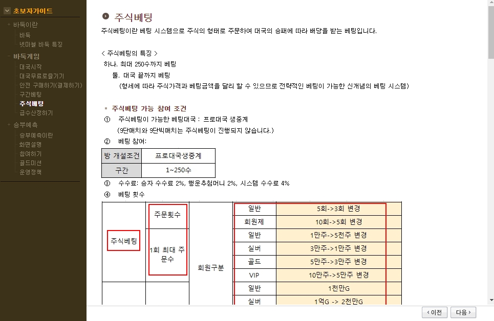 대국 승패에 따른 배당 시스템