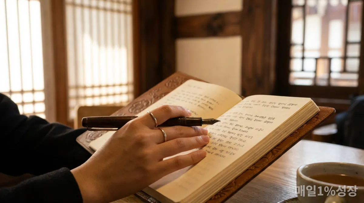 전통 한옥 카페에서 감정 일기를 쓰는 한국 여성의 손