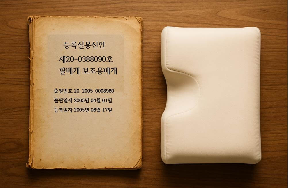 헌책 같은 등록실용신안 문서와 현대적인 팔베개 모습.