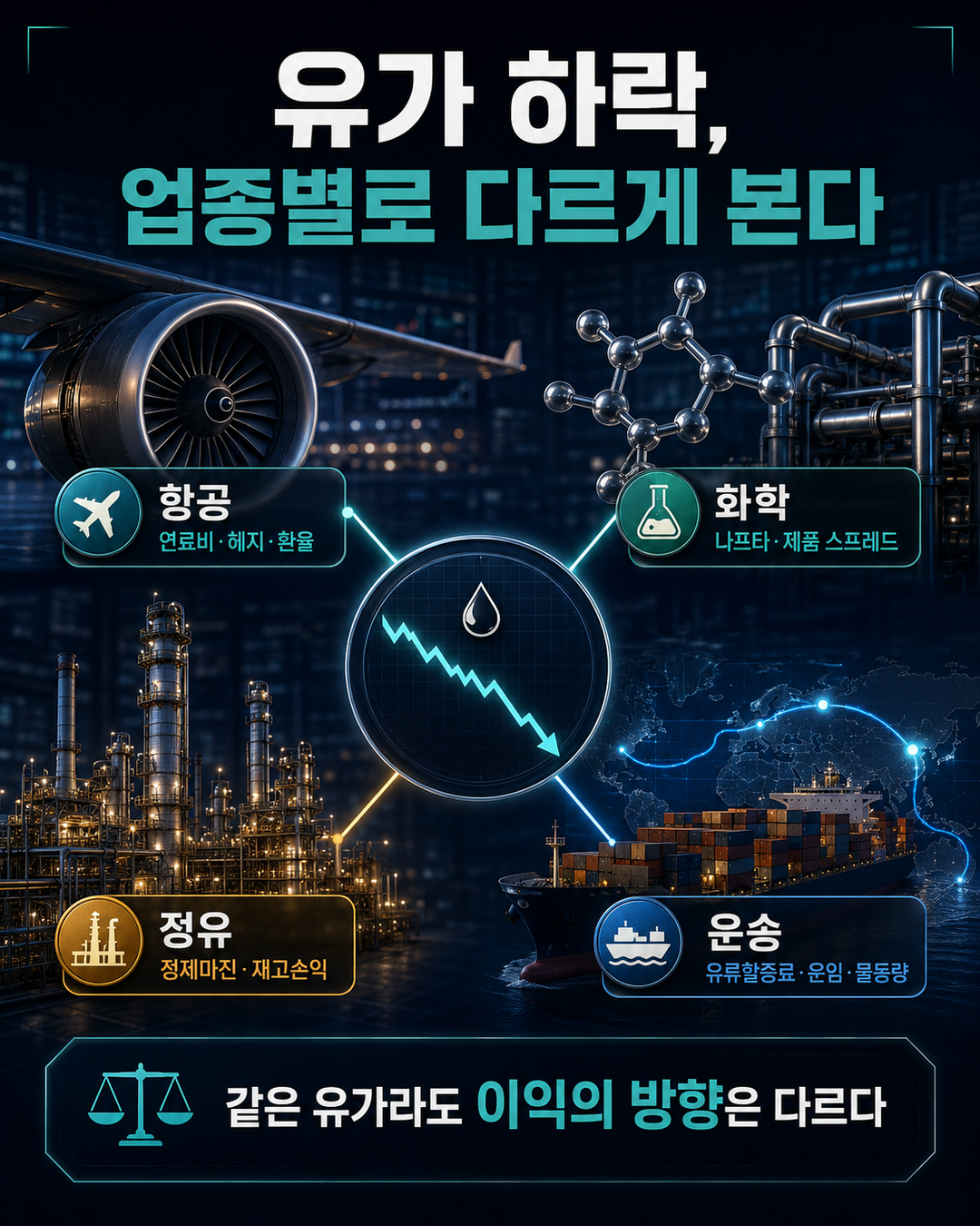 유가 하락을 항공 화학 정유 운송 업종별 핵심 지표로 비교한 인스타그램 정보카드