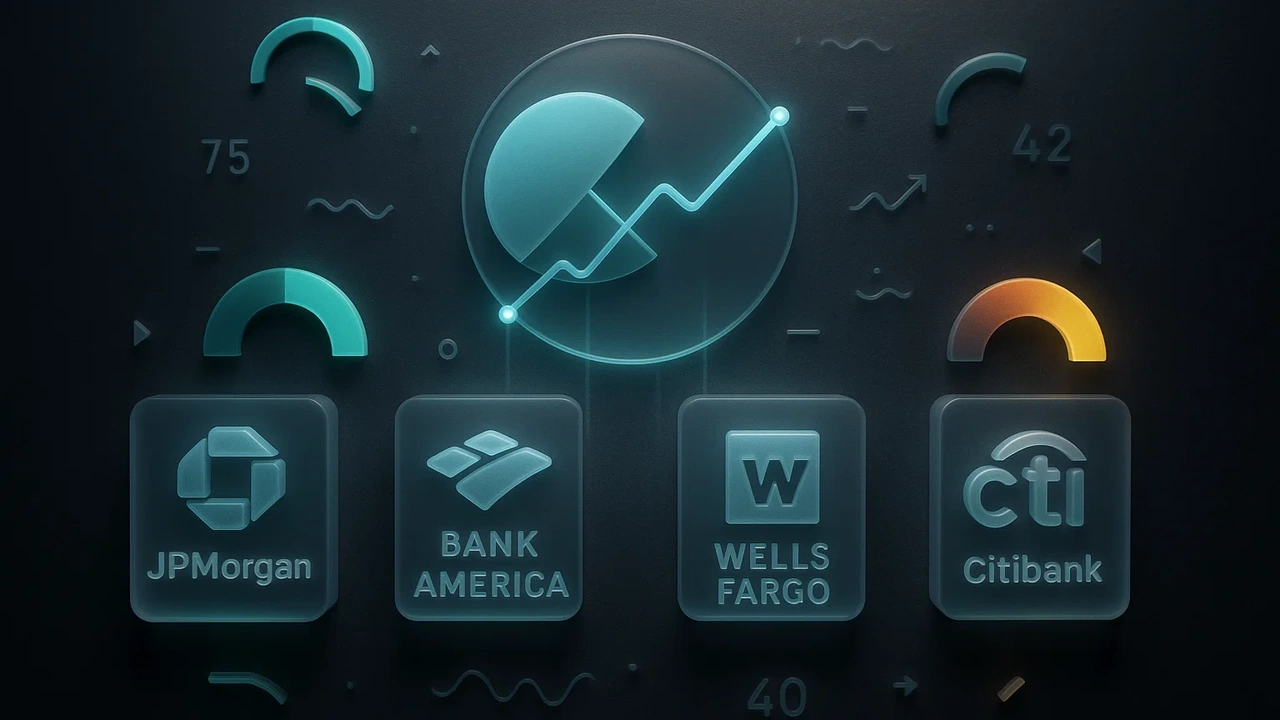 여러 은행 로고와 함께 승인율을 나타내는 그래프가 있는 금융 데이터 분석 이미지