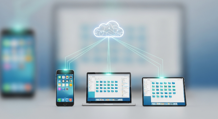 스마트폰, 노트북, 태블릿 등 다양한 기기에서 클라우드 동기화를 통해 파일에 접근하는 모습.