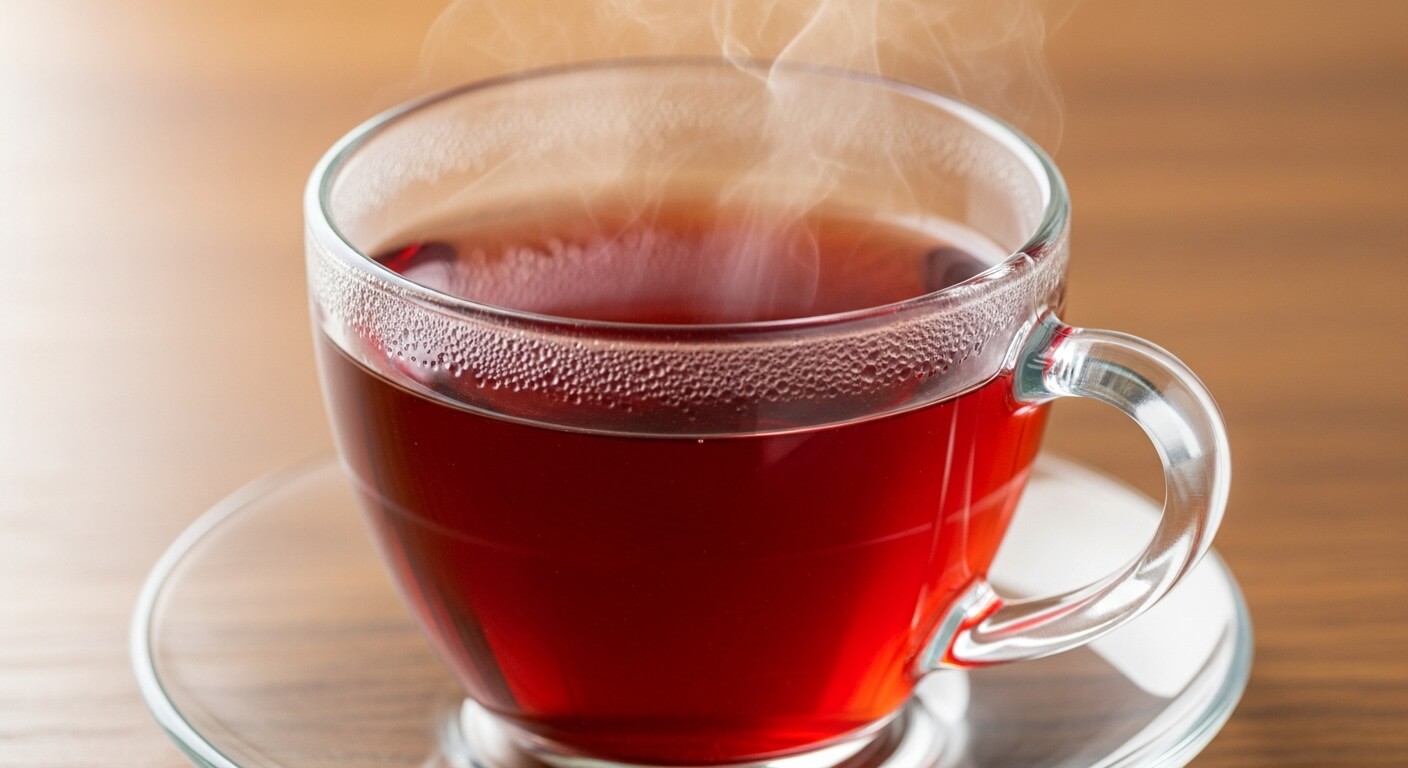 투명한 유리 찻잔에 담겨 김이 모락모락 나는 진한 붉은색 루이보스차