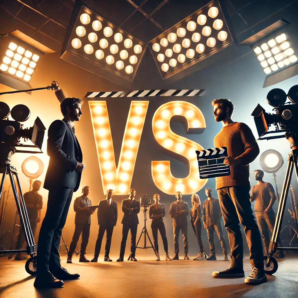 두명의 영화감독사이에 vs 문구가 있는 사진