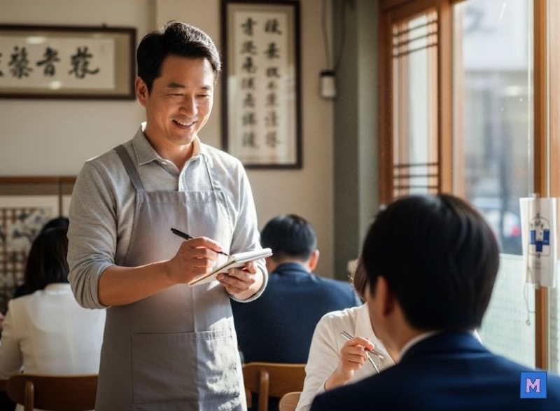 소상공인 긴급자금 대출을 성공적으로 받은 음식점 사장님이 밝은 미소로 주문을 받고 있는 모습 via Gemini
