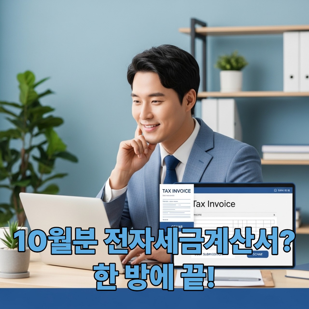 2025년 10월분 전자세금계산서를 홈택스에서 성공적으로 발행하고 안도하는 한국인 남성 사업가의 모습.
