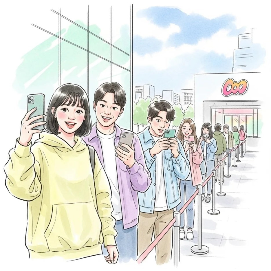 친구들과 함께 팝업 대기 줄에서 기다리는 모습