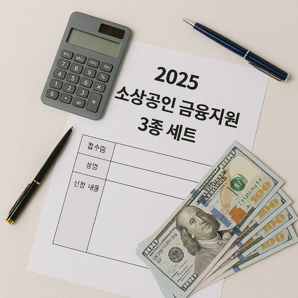 2025년 소상공인 금융지원 3종 세트 신청서, 계산기, 펜, 달러 지폐가 놓인 정돈된 스튜디오컷 이미지