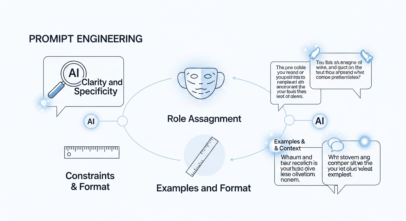 AI 프롬프트 엔지니어링의 네 가지 핵심 원칙(명확성, 역할 부여, 제약 조건, 예시 제공)을 시각적으로 나타낸 깔끔한 인포그래픽.