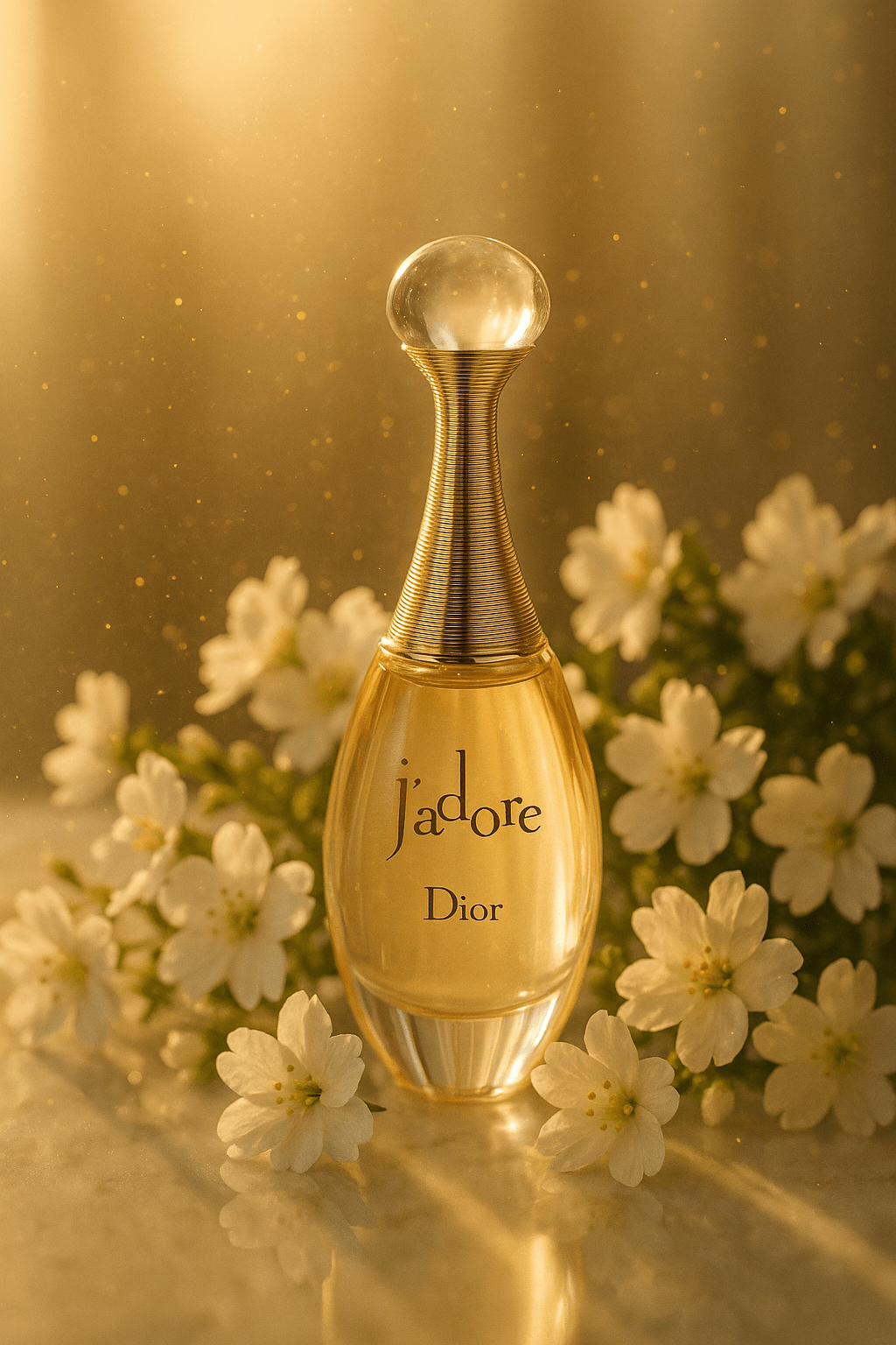 황금빛 햇살 아래 하얀 꽃과 디올 자도르 향수병이 함께 어우러진 장면. 우아하고 시간에 구애받지 않는 럭셔리 플로럴 무드를 담았다