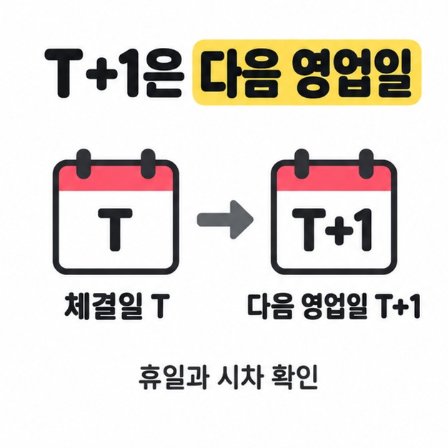 T+1은 다음 영업일이라는 제목 아래 체결일 T와 다음 영업일 T+1 달력을 화살표로 연결하고 휴일과 시차 확인 문구를 배치한 그림
